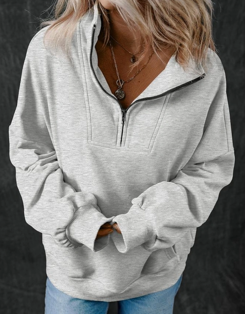 Light Grey Zip-up Stand Neck Kangaroo Pocket Sweatshirt