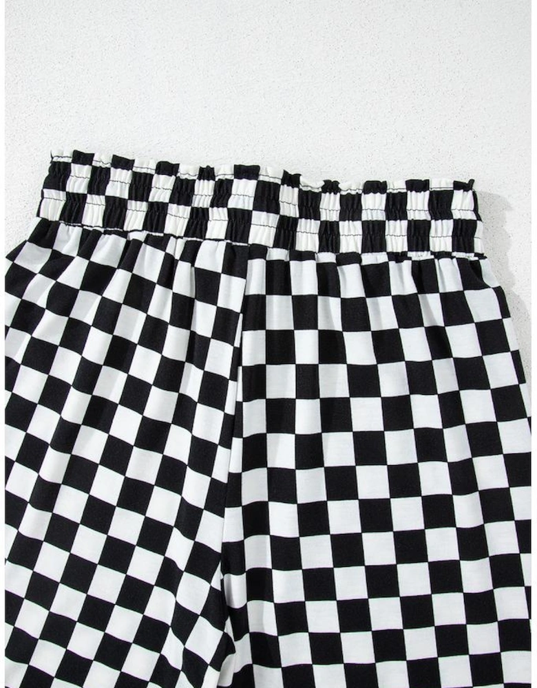 Black Checkered Print Long Sleeve Top and Pants Lounge Set