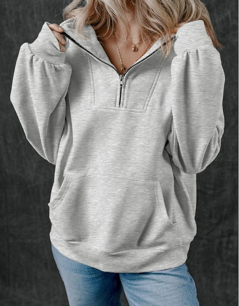 Light Grey Zip-up Stand Neck Kangaroo Pocket Sweatshirt
