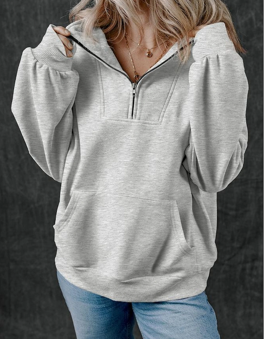 Light Grey Zip-up Stand Neck Kangaroo Pocket Sweatshirt, 6 of 5