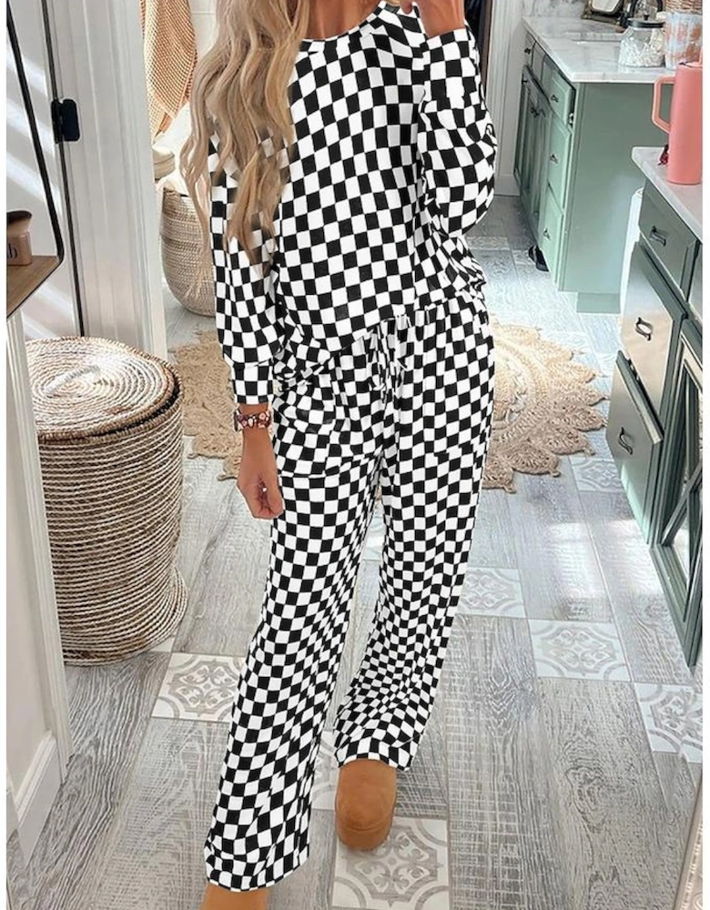 Black Checkered Print Long Sleeve Top and Pants Lounge Set