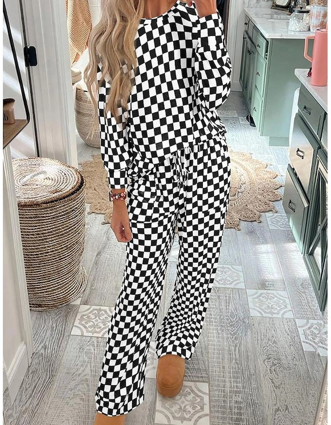 Black Checkered Print Long Sleeve Top and Pants Lounge Set, 14 of 13