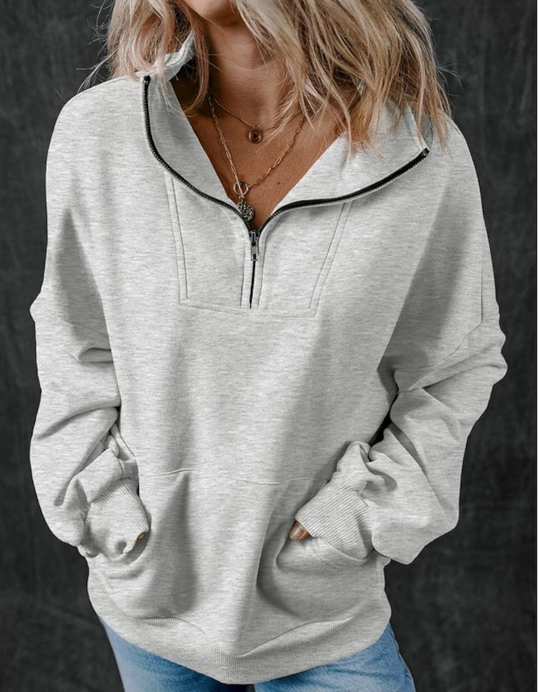 Light Grey Zip-up Stand Neck Kangaroo Pocket Sweatshirt