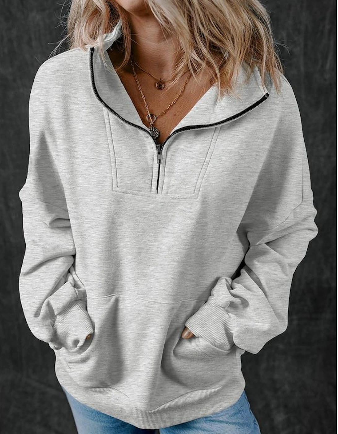 Light Grey Zip-up Stand Neck Kangaroo Pocket Sweatshirt