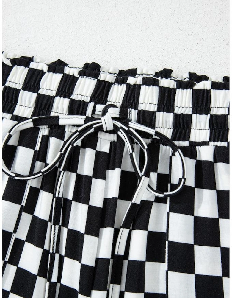 Black Checkered Print Long Sleeve Top and Pants Lounge Set