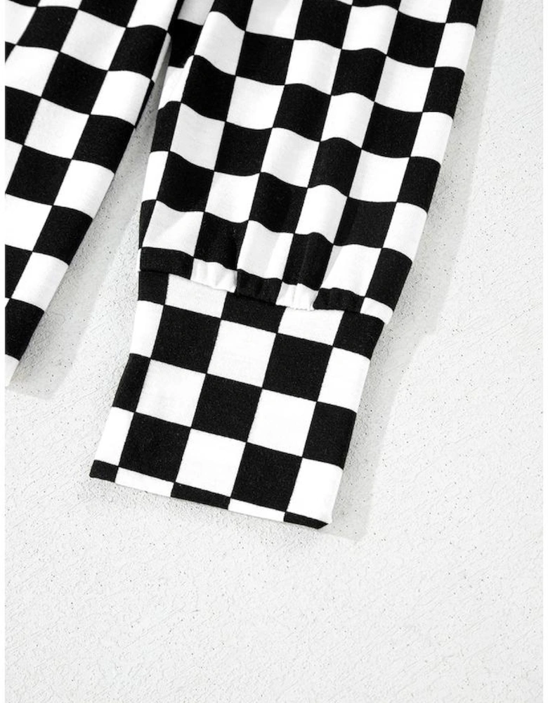 Black Checkered Print Long Sleeve Top and Pants Lounge Set