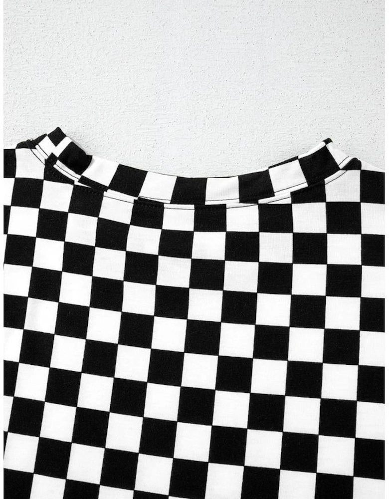 Black Checkered Print Long Sleeve Top and Pants Lounge Set