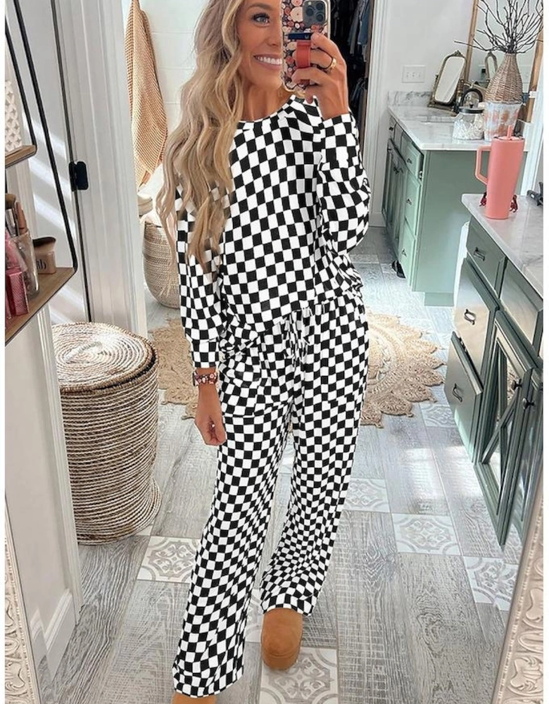 Black Checkered Print Long Sleeve Top and Pants Lounge Set