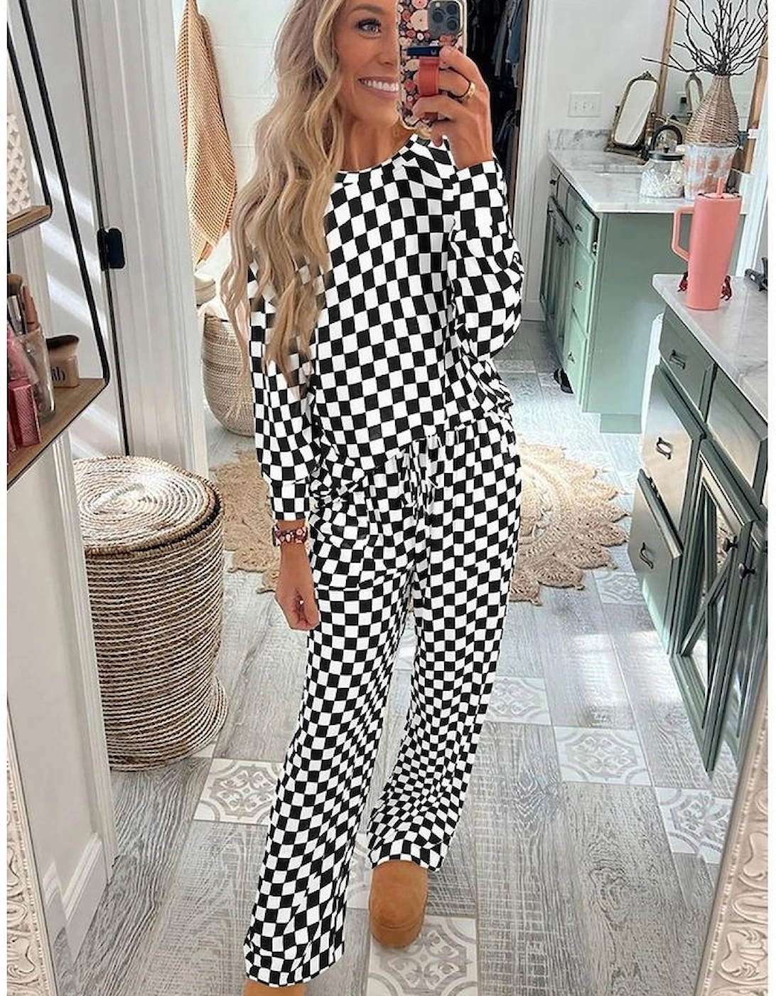 Black Checkered Print Long Sleeve Top and Pants Lounge Set