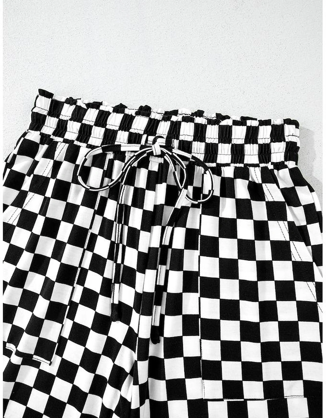 Black Checkered Print Long Sleeve Top and Pants Lounge Set