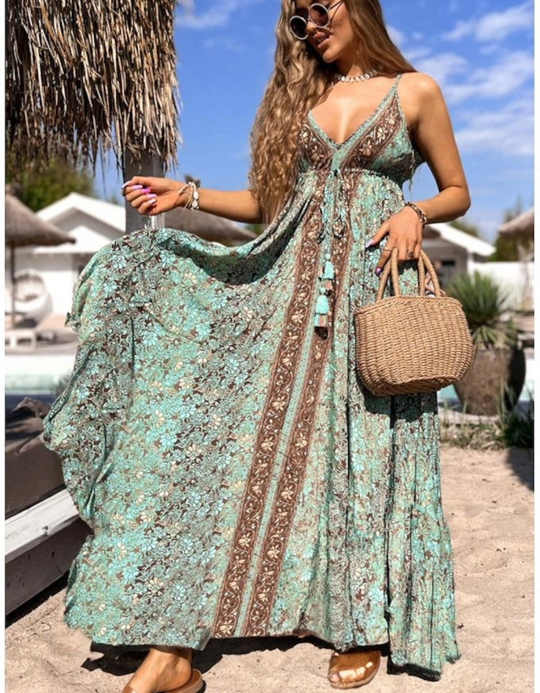Green Floral Print V Neck Ruffled Trim Backless Tassel Waist Maxi Dress
