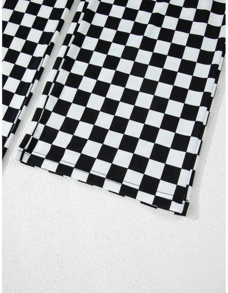 Black Checkered Print Long Sleeve Top and Pants Lounge Set