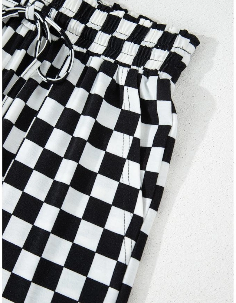 Black Checkered Print Long Sleeve Top and Pants Lounge Set