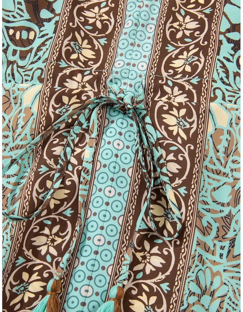 Green Floral Print V Neck Ruffled Trim Backless Tassel Waist Maxi Dress