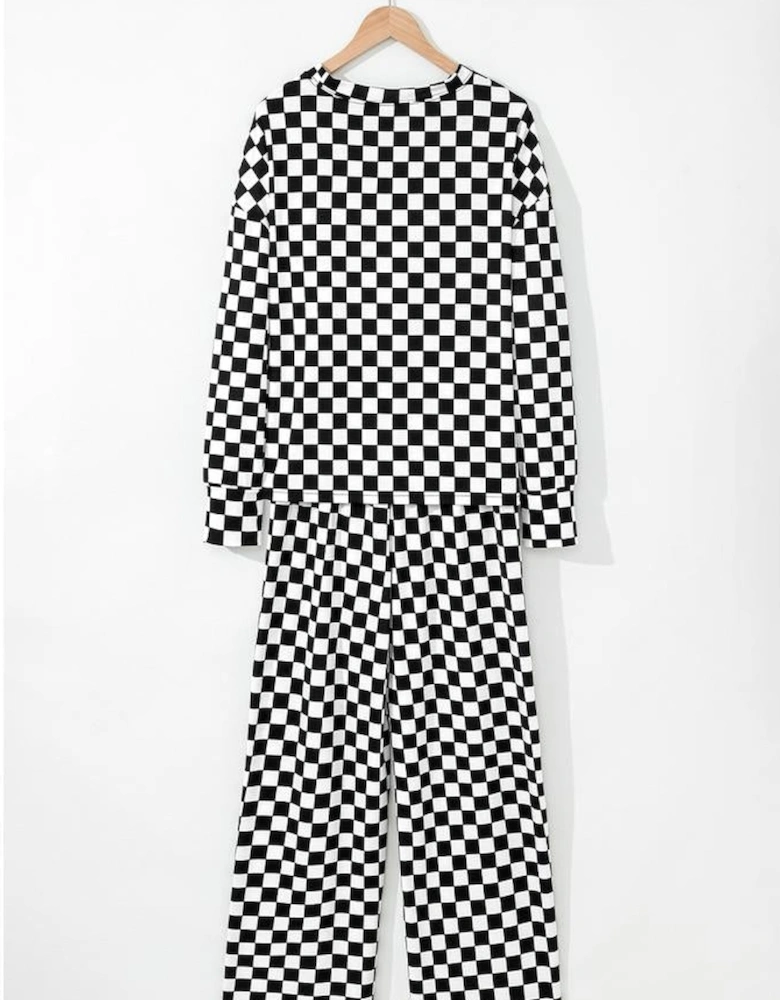 Black Checkered Print Long Sleeve Top and Pants Lounge Set