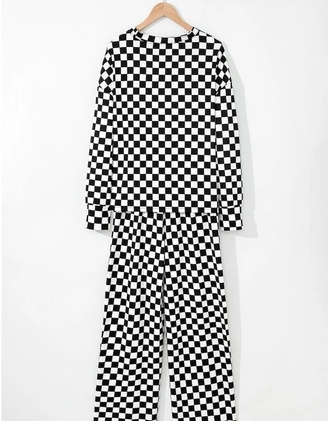 Black Checkered Print Long Sleeve Top and Pants Lounge Set