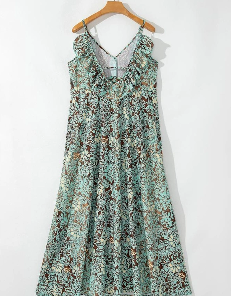 Green Floral Print V Neck Ruffled Trim Backless Tassel Waist Maxi Dress