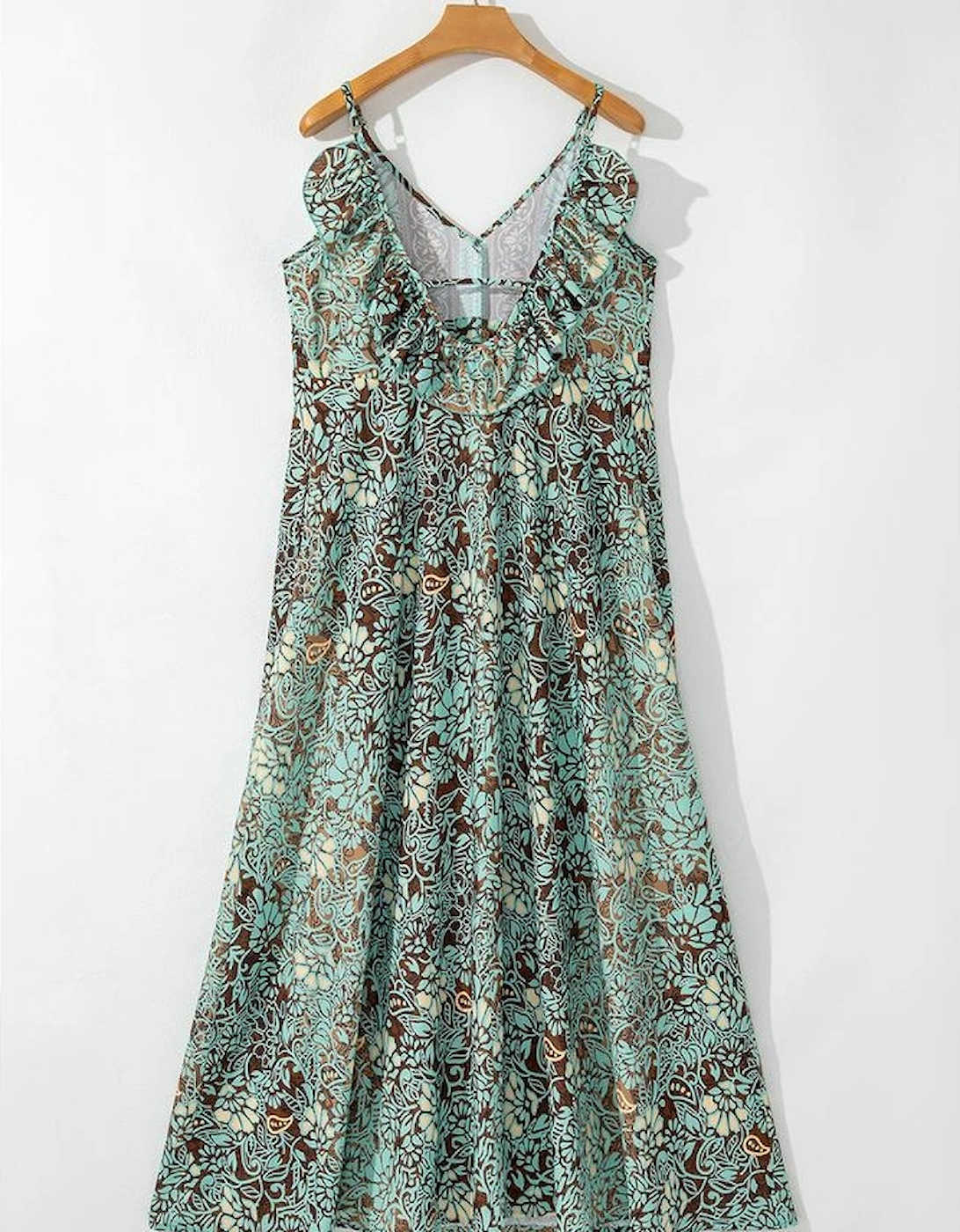 Green Floral Print V Neck Ruffled Trim Backless Tassel Waist Maxi Dress