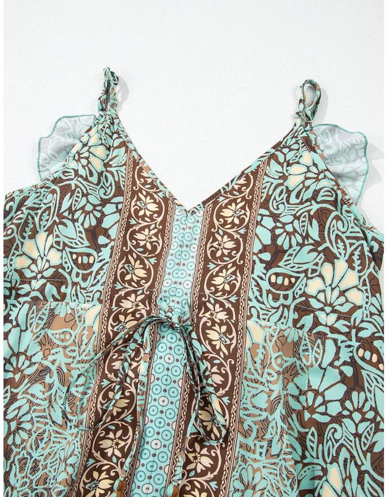 Green Floral Print V Neck Ruffled Trim Backless Tassel Waist Maxi Dress