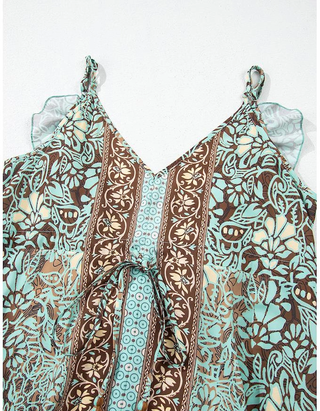 Green Floral Print V Neck Ruffled Trim Backless Tassel Waist Maxi Dress