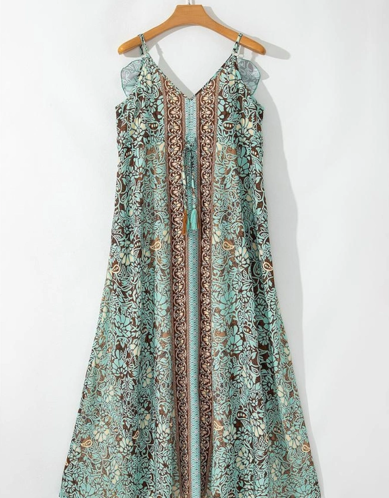 Green Floral Print V Neck Ruffled Trim Backless Tassel Waist Maxi Dress