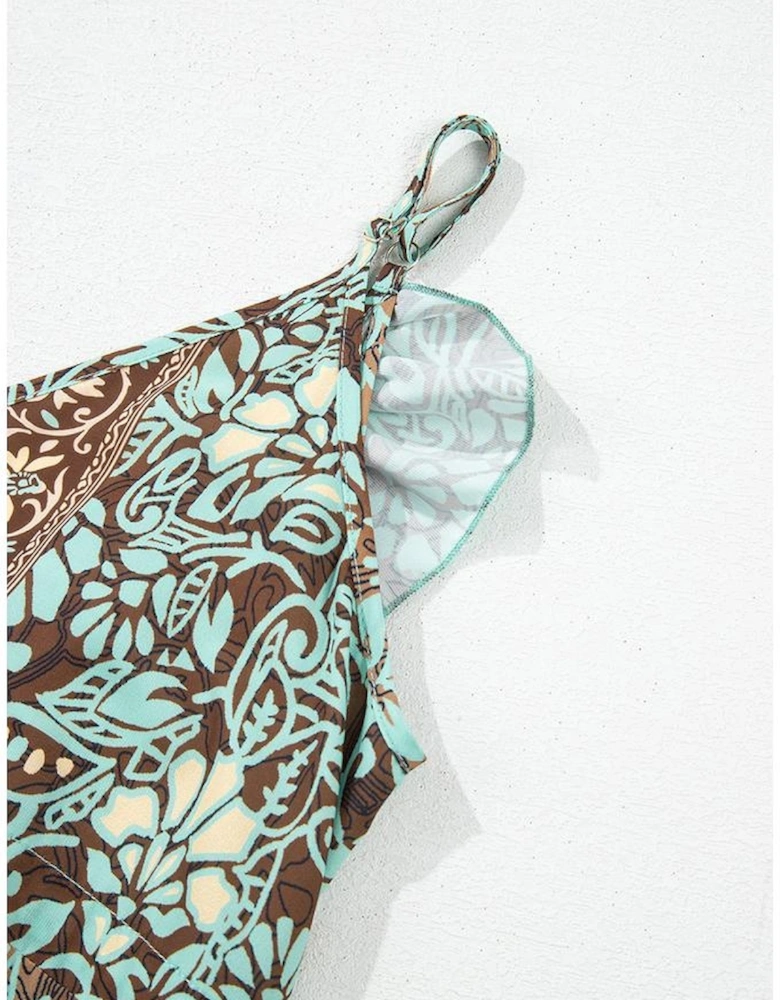 Green Floral Print V Neck Ruffled Trim Backless Tassel Waist Maxi Dress