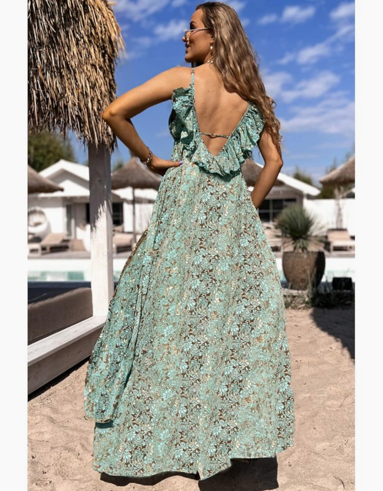 Green Floral Print V Neck Ruffled Trim Backless Tassel Waist Maxi Dress