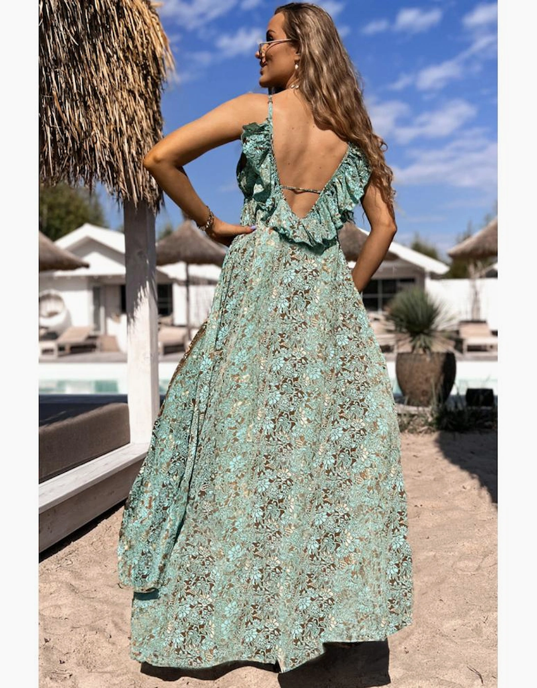 Green Floral Print V Neck Ruffled Trim Backless Tassel Waist Maxi Dress, 14 of 13