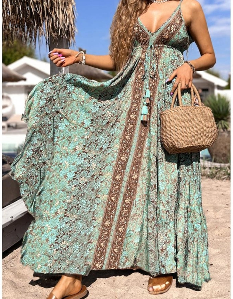 Green Floral Print V Neck Ruffled Trim Backless Tassel Waist Maxi Dress