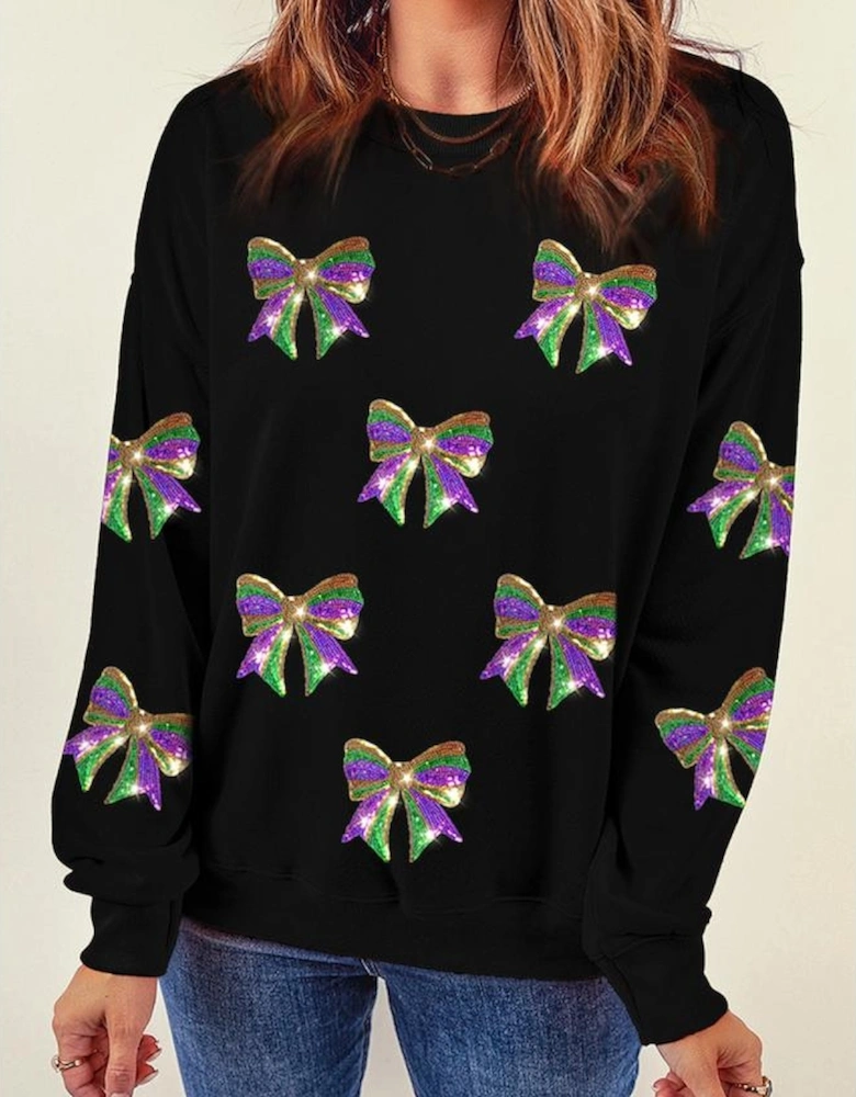Black Sequin Mardi Gras Bow Graphic Drop Shoulder Pullover Sweatshirt
