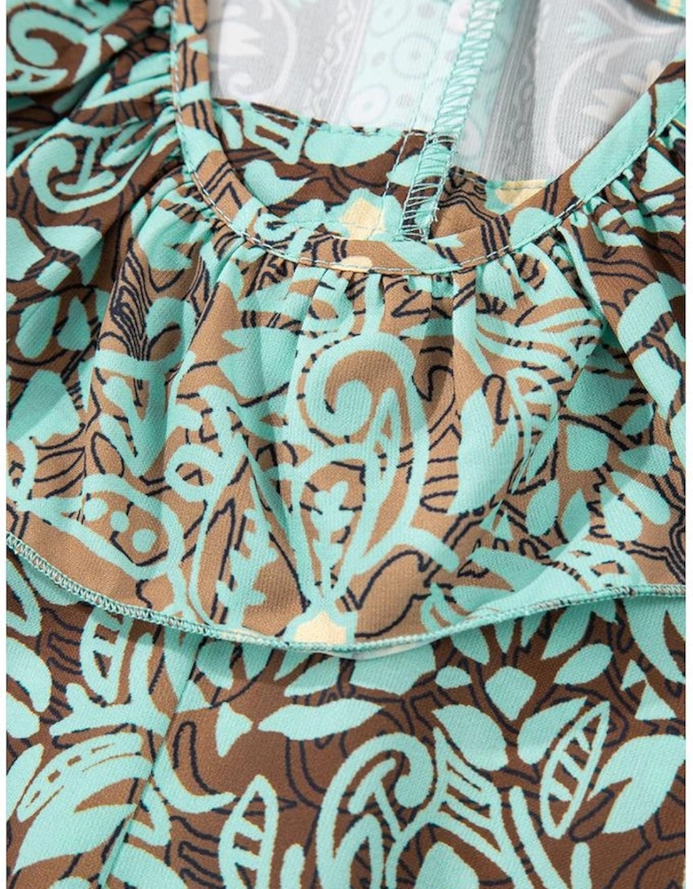 Green Floral Print V Neck Ruffled Trim Backless Tassel Waist Maxi Dress