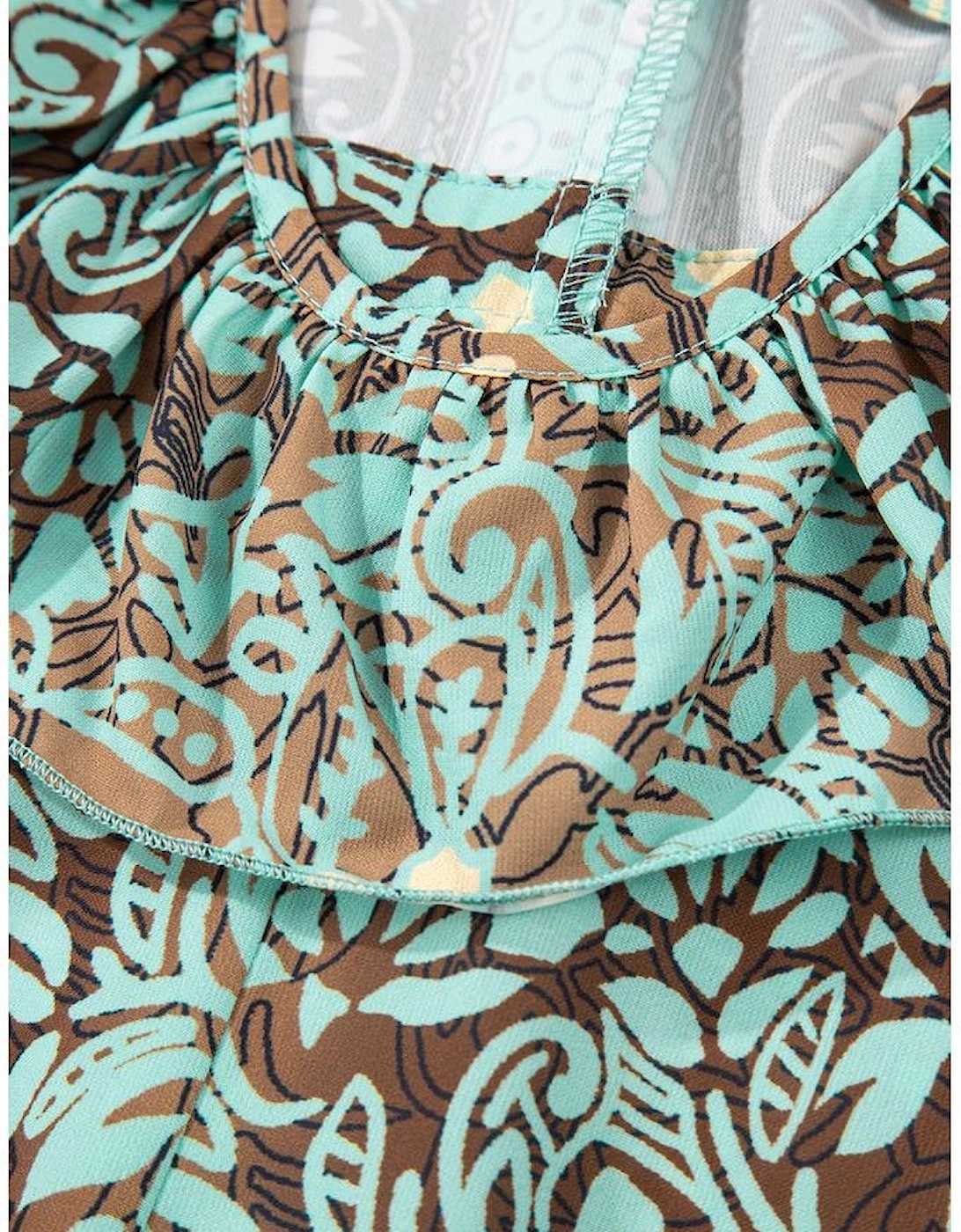 Green Floral Print V Neck Ruffled Trim Backless Tassel Waist Maxi Dress