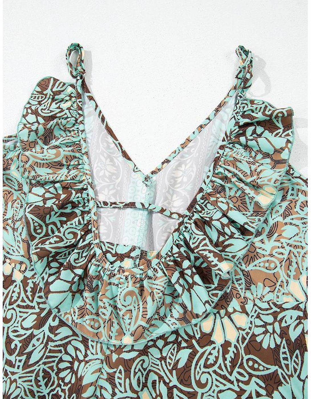 Green Floral Print V Neck Ruffled Trim Backless Tassel Waist Maxi Dress