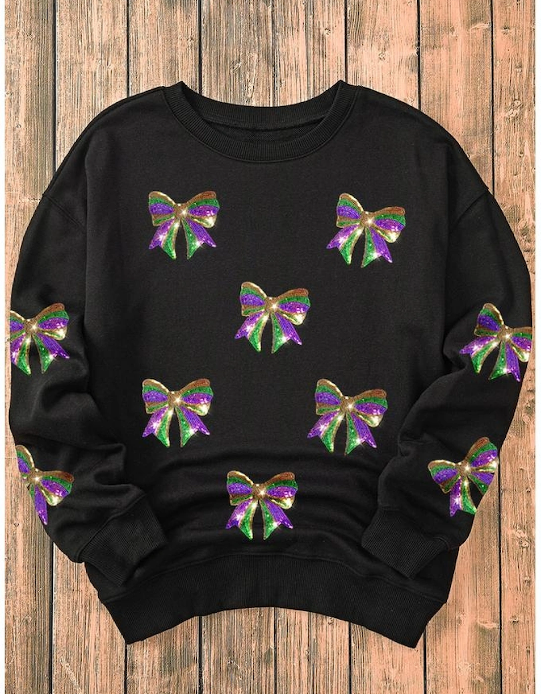 Black Sequin Mardi Gras Bow Graphic Drop Shoulder Pullover Sweatshirt, 4 of 3