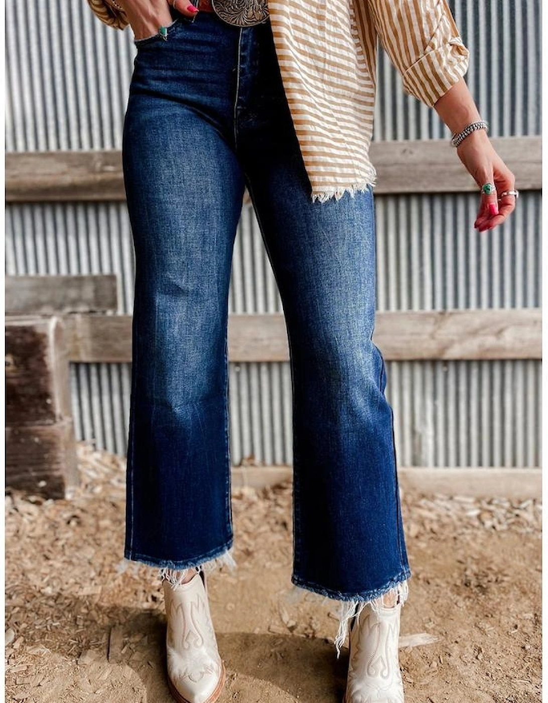 Sail Blue Mineral Wash Raw Hem High Waist Flared Jeans