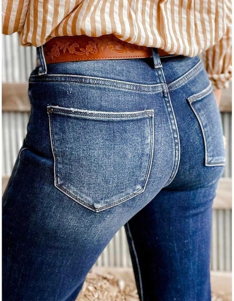 Sail Blue Mineral Wash Raw Hem High Waist Flared Jeans