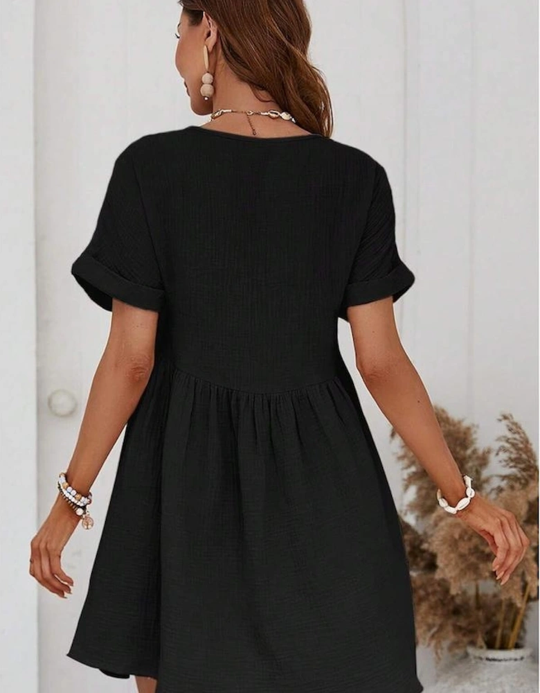 Black Folded Short Sleeve Lace V Neck Mini Dress