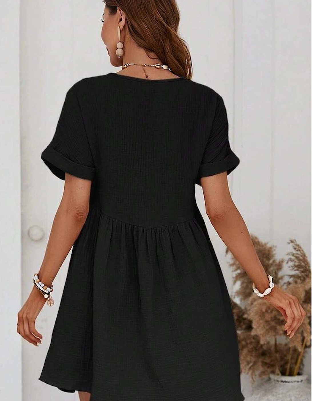 Black Folded Short Sleeve Lace V Neck Mini Dress