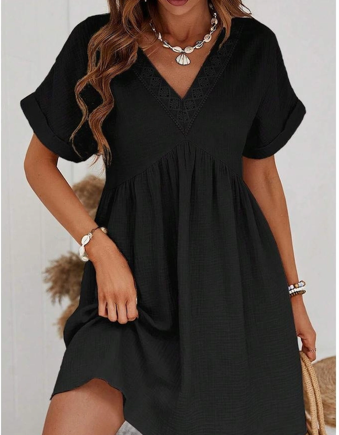 Black Folded Short Sleeve Lace V Neck Mini Dress