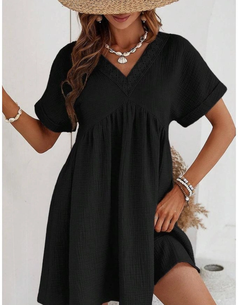 Black Folded Short Sleeve Lace V Neck Mini Dress