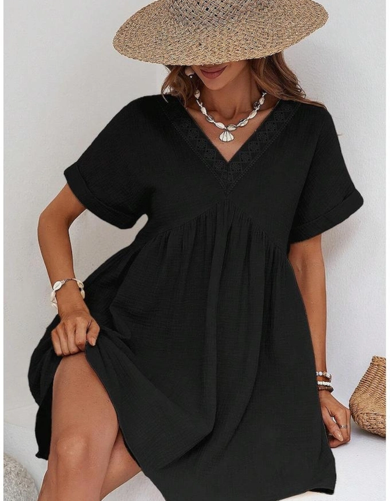 Black Folded Short Sleeve Lace V Neck Mini Dress