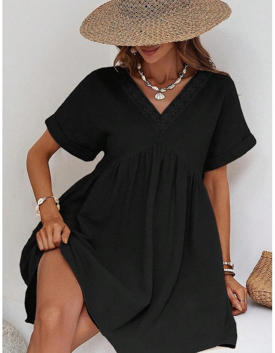 Black Folded Short Sleeve Lace V Neck Mini Dress