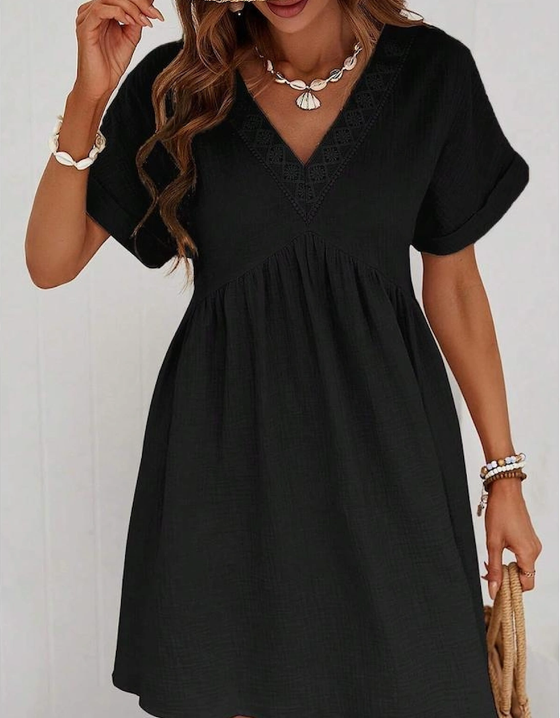 Black Folded Short Sleeve Lace V Neck Mini Dress