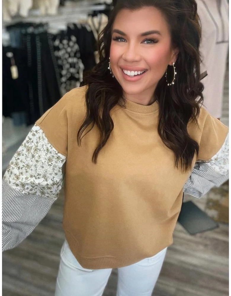Camel Floral Striped Patchwork Ruffled Sleeve Crew Neck Sweatshirt