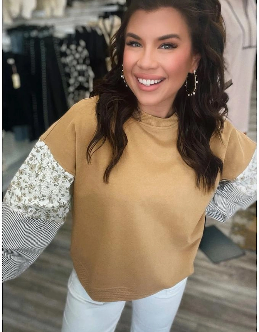 Camel Floral Striped Patchwork Ruffled Sleeve Crew Neck Sweatshirt, 4 of 3