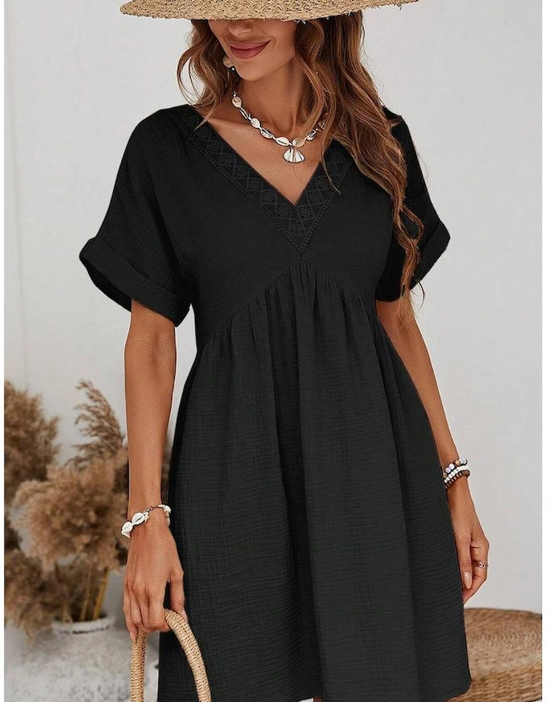 Black Folded Short Sleeve Lace V Neck Mini Dress