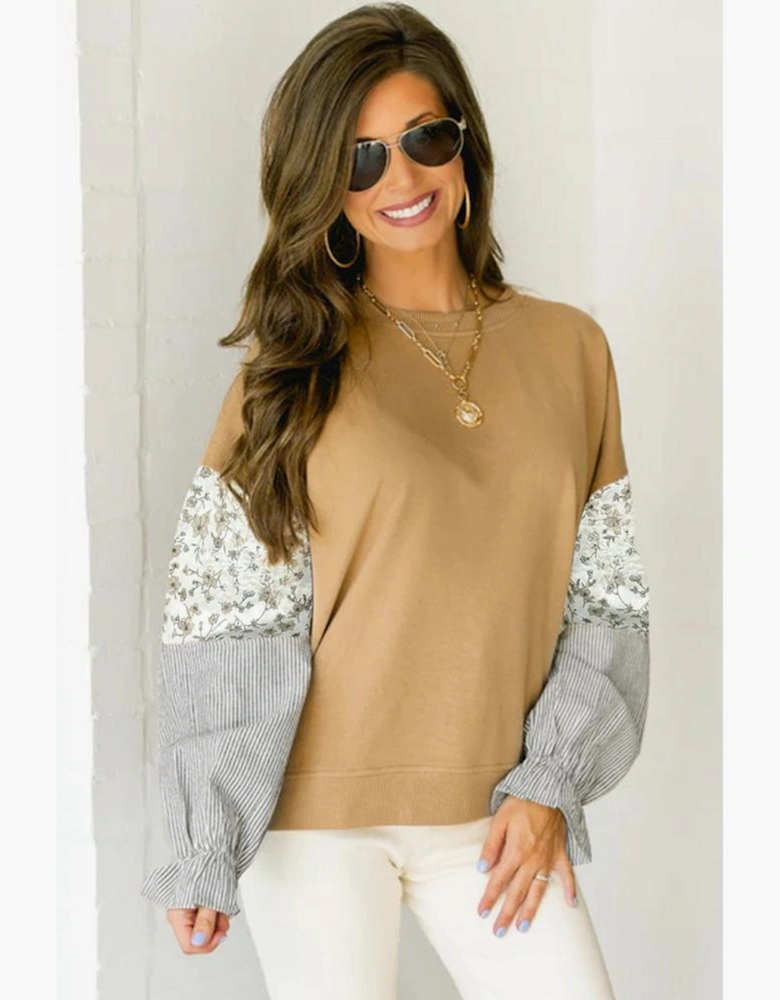 Camel Floral Striped Patchwork Ruffled Sleeve Crew Neck Sweatshirt