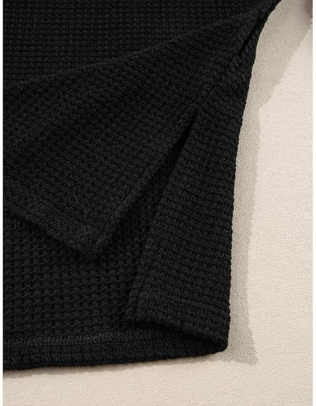 Black Waffle Knit Side Slits Loose Fit V Neck Top