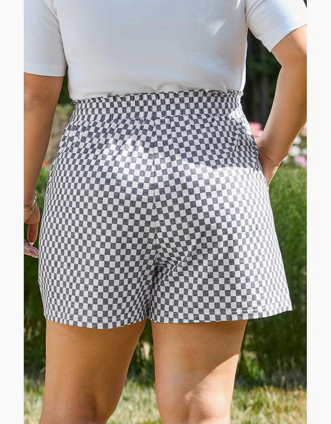 Gray Checkerboard Lace-Up High Waist Plus Size Casual Shorts, 16 of 15