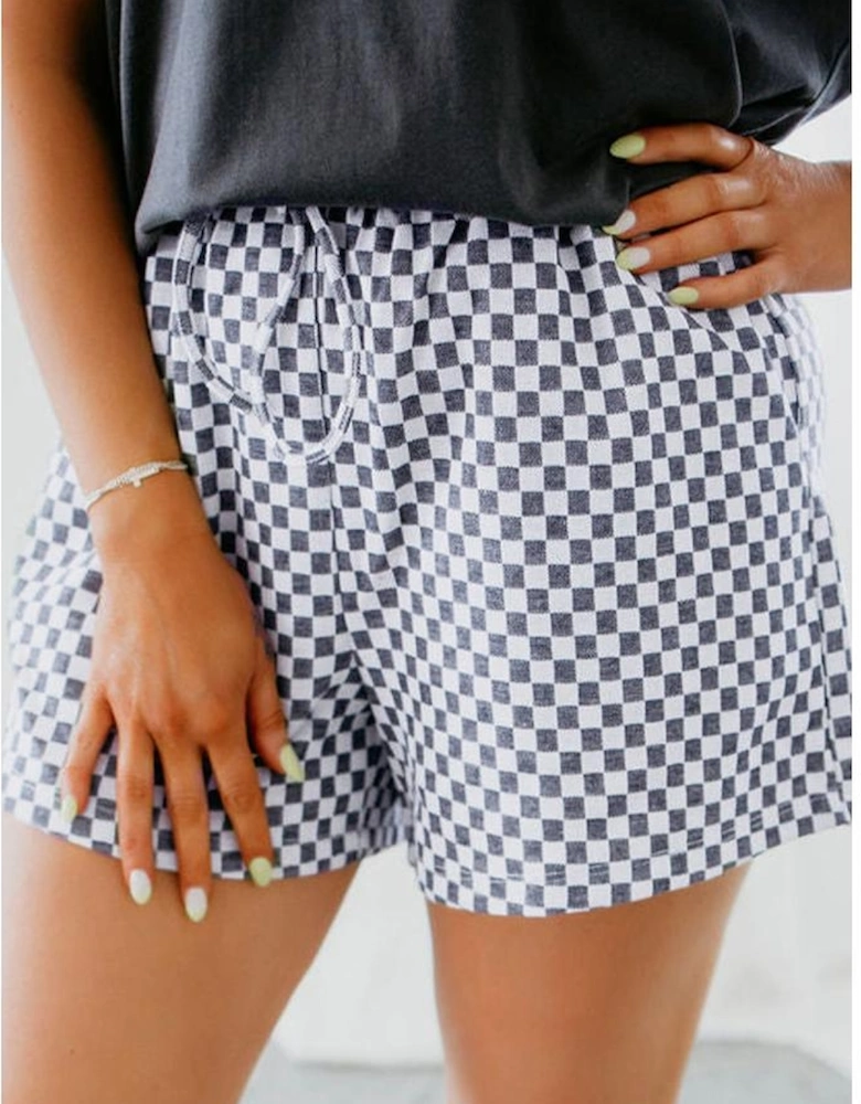 Gray Checkerboard Lace-Up High Waist Plus Size Casual Shorts